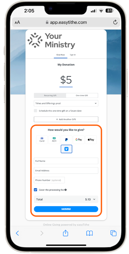 iPhone Venmo payment option screen