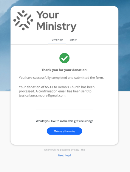 Thank You confirmation screen