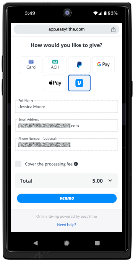 Android Venmo payment option screen