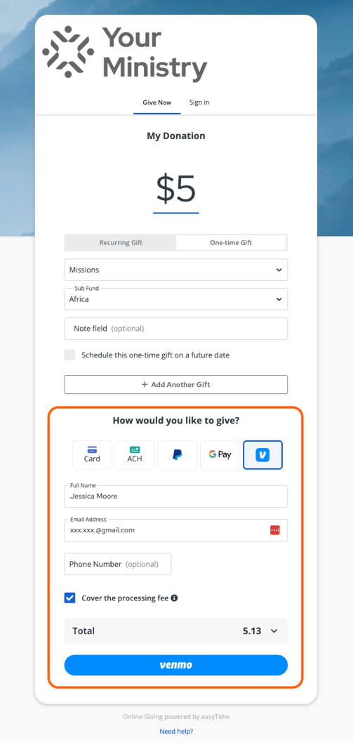 Desktop Venmo payment option screen