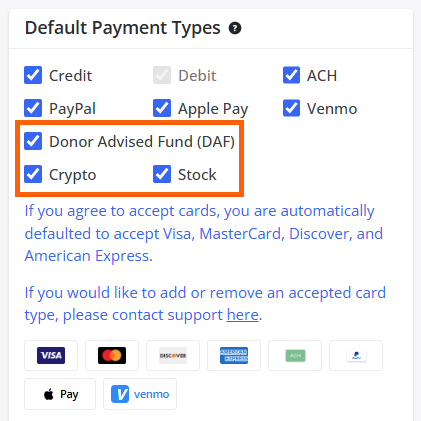 Giving Settings - Payment Types - Crypto Stock and Donor Advised Fund (DAF) checkboxes.png